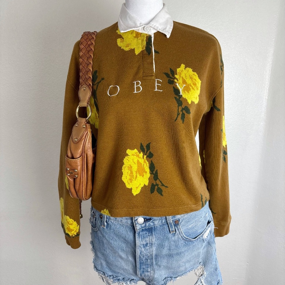 Obey Yellow Floral Rugby Sweatshirt Polo XS